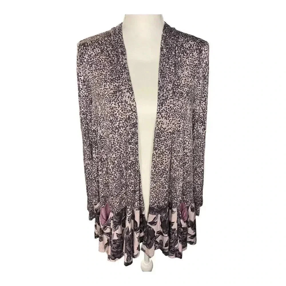 LOGO By Lori Goldstein Women’s Small Purple Floral Long Sleeve Cardigan w/Pocket